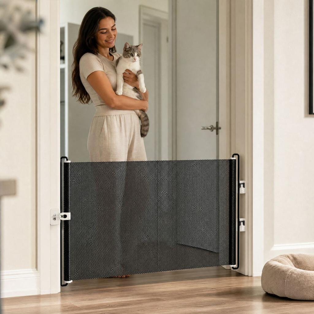 Retractable Pet Gate for Cats, Expandable Door Barrier with Room Divider To Keep Indoors