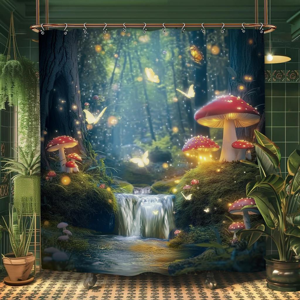 Vintage Dark Green Forest Bathroom Shower Curtain Night Moon Landscape Nature Mystical Midnight Polyester Fabric 12 Plastic