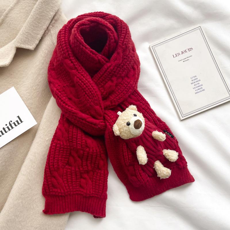 Knitted thick wool bear scarf female student winter pure green children's short scarf thickened to keep warm cute girl