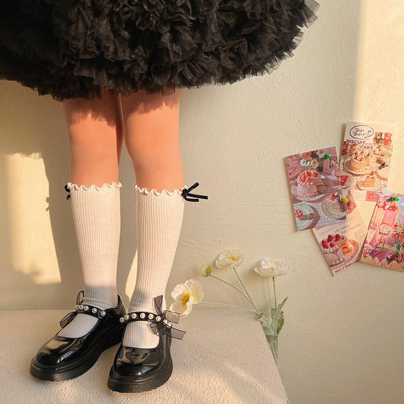 Children's Socks Summer Lolita Wooden Ear Mesh Ribbon Large Bow Mid-tube Socks for Girls