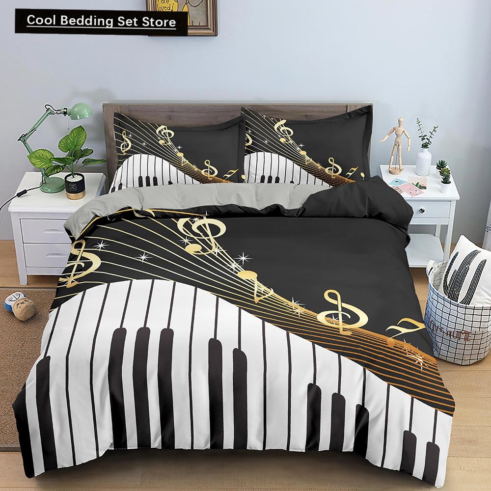 Piano Music King Queen Duvet Cover Musical Notes Bedding Set For Kids Teens Girls Black And White Piano Keys 2/3Pcs Quilt Cover