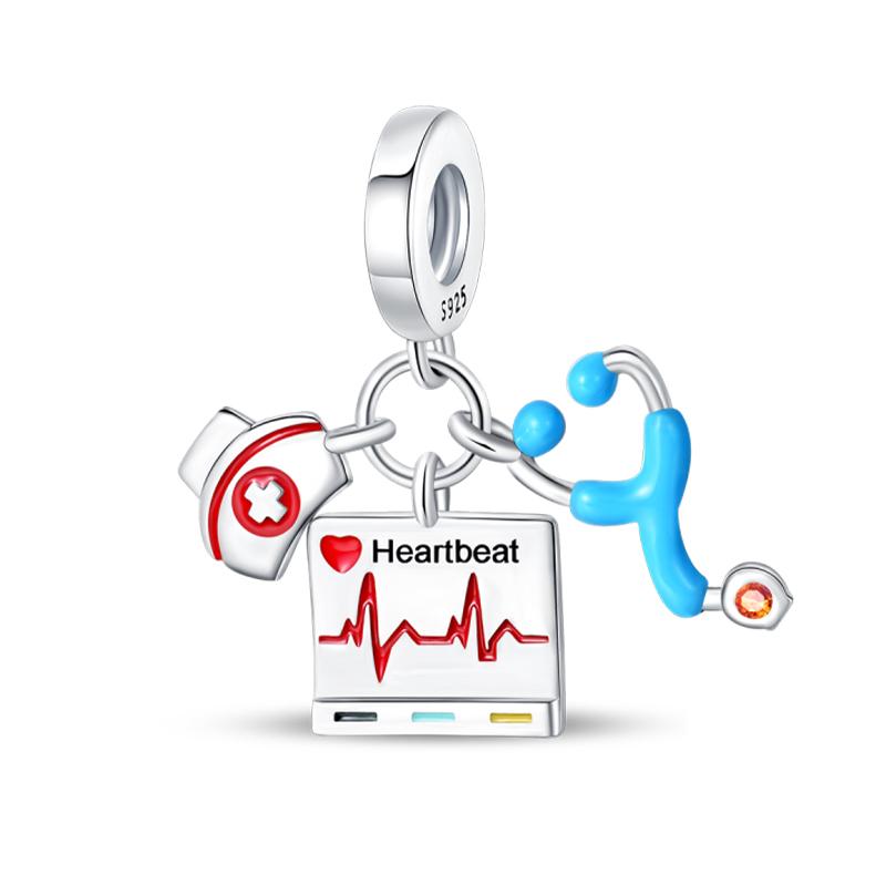 100% Copper Red Heart Shaped Nurse Medicine Box Stethoscope Charms Beads Fit Qikaola Original Bracelets Diy Jewelry