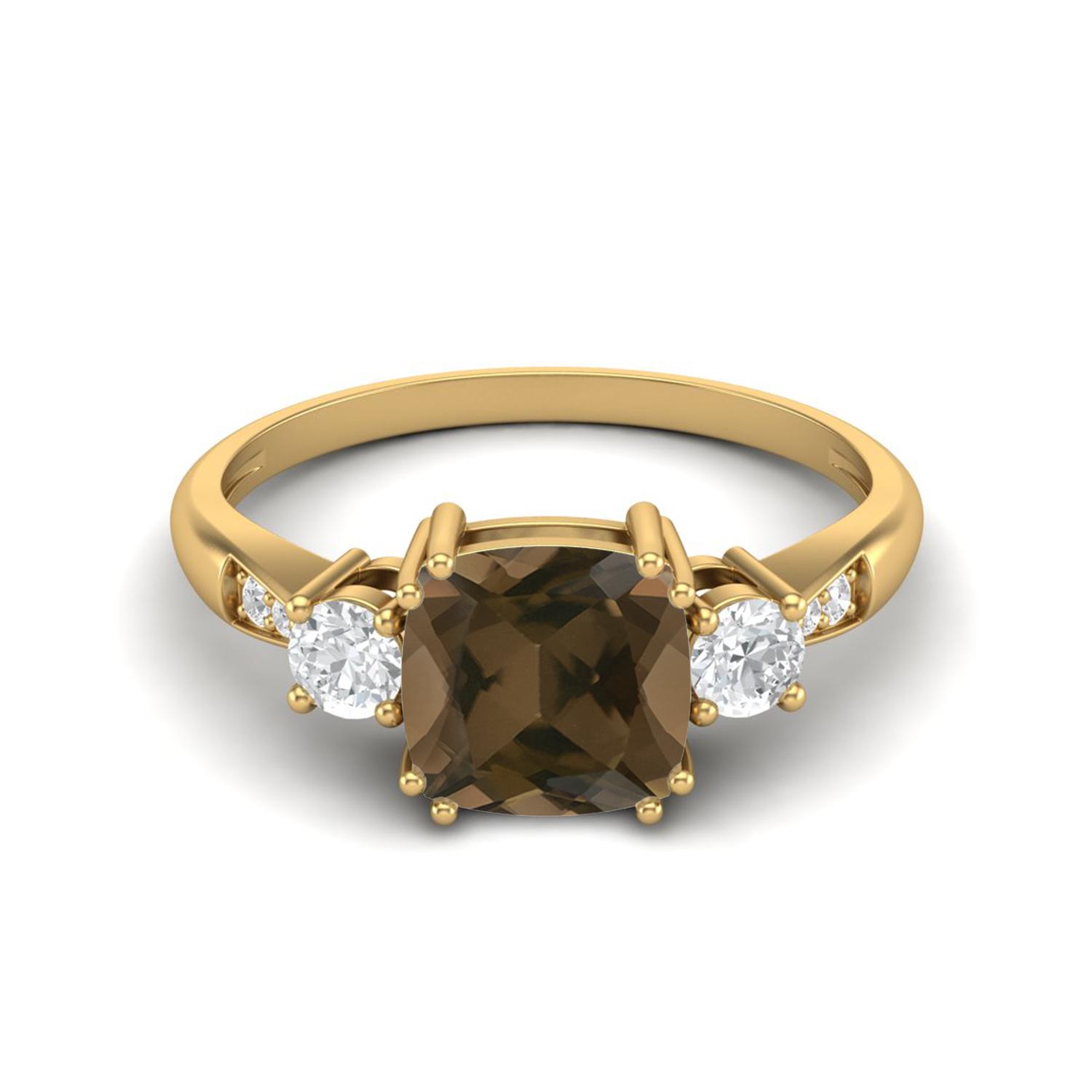 7mm Cushion Smoky Quartz 925 Sterling Silver Gold Vermeil Three Stone Women Engagement Ring 8