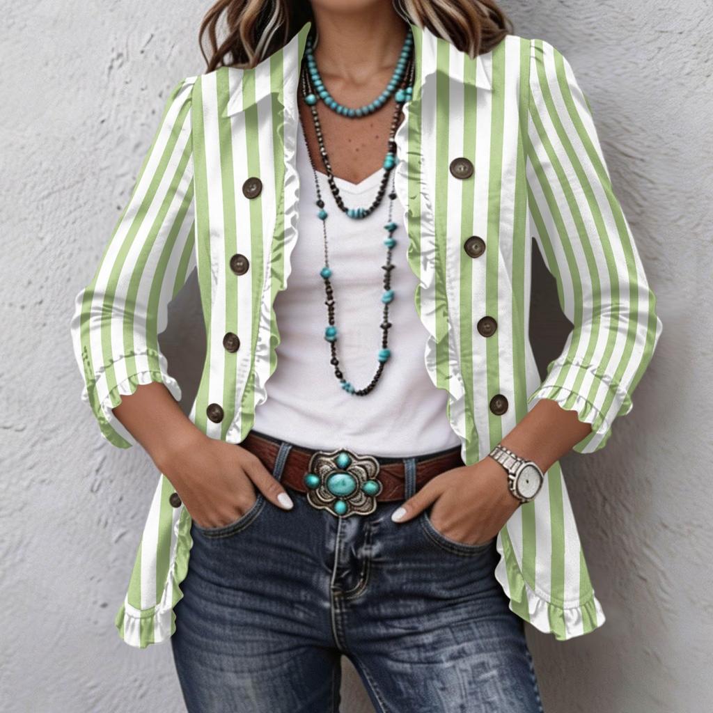 Damen Casual Vertikal Gestreift Print Langarm Rüschen Knopfleiste Hemd Jacke für den Alltag