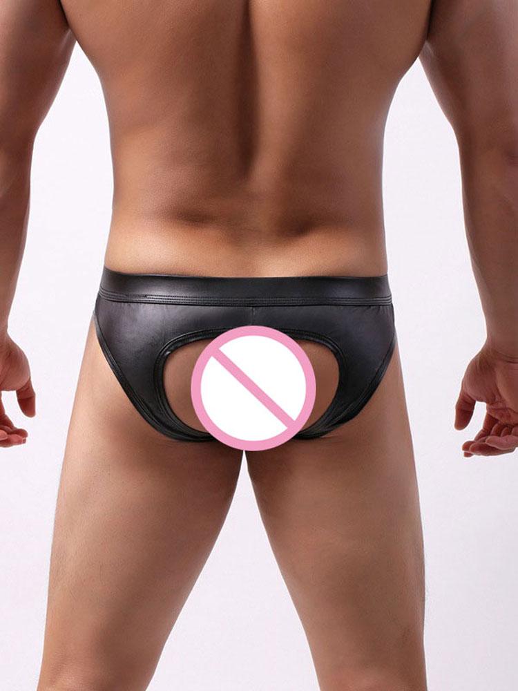 Sexy Men'S Pu Leather Panties Rear Hollow Out Butt Porn Low Waist Briefs Man Lingeries Sissy Wear Erotic Underwear   U Pouch