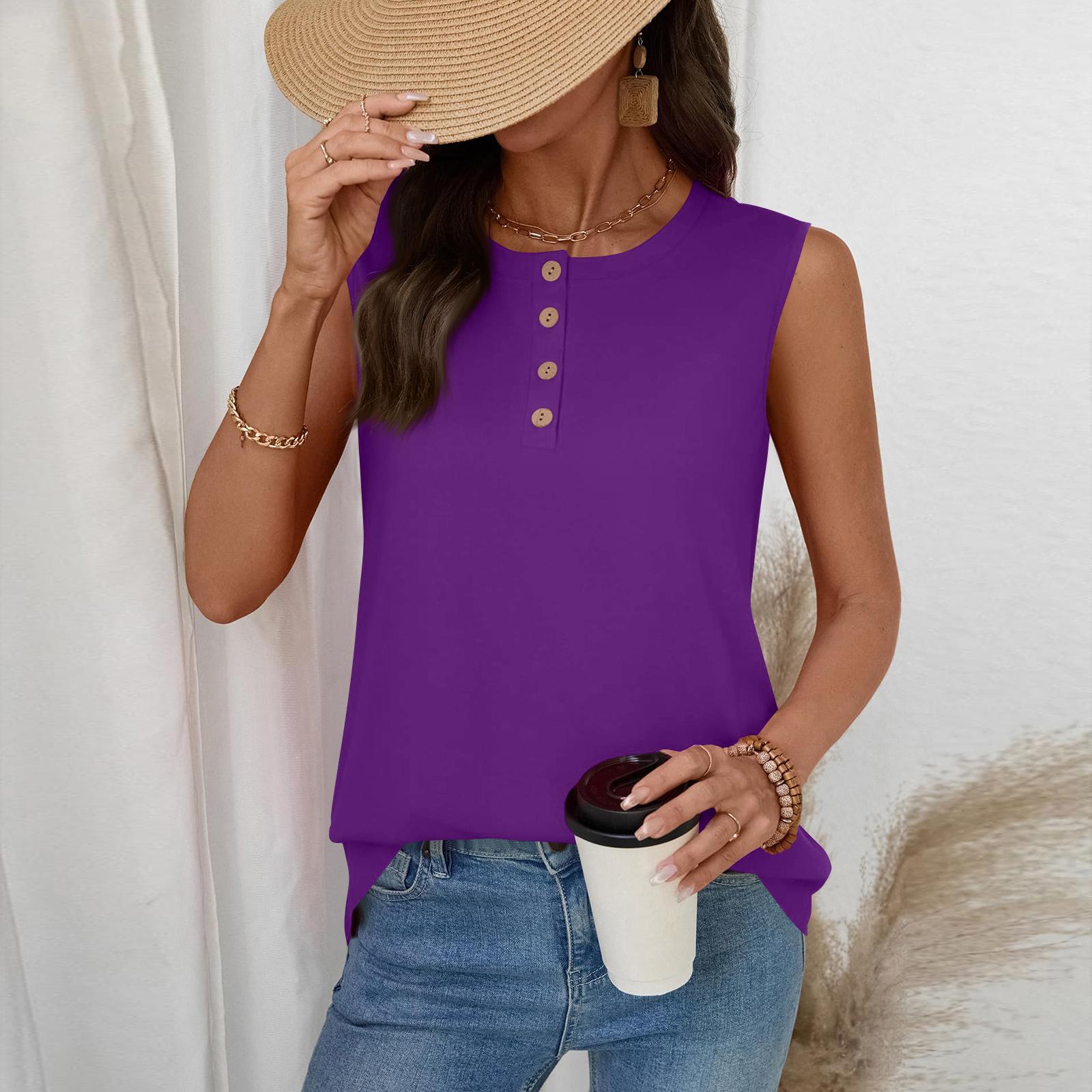 

Women s Casual Fashion Button-Up Round Neck Sleeveless T-Shirt Vest XL фіолетовий