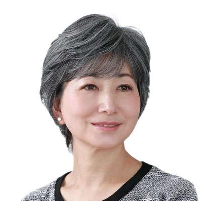 Pełna peruka dla osób w średnim i starszym wieku, duża, krótka, szara, szara, skośna, stylowe szare włosy, dorośli, włosy, Pani. Panie, Włosy, Peruka, Włosy, Naturalne, Trwała ondulacja, Puszyste, Bob,