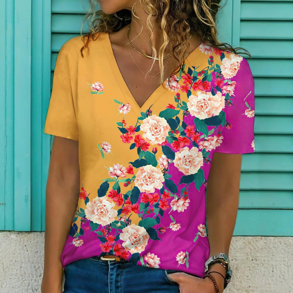 Nowy Damski T-shirt z Nadrukiem Kwiatowym Top Plus Size Odzież Damska Trend Moda Koszulka z Krótkim Rękawem Oversize Bluzka z Dekoltem w Serek