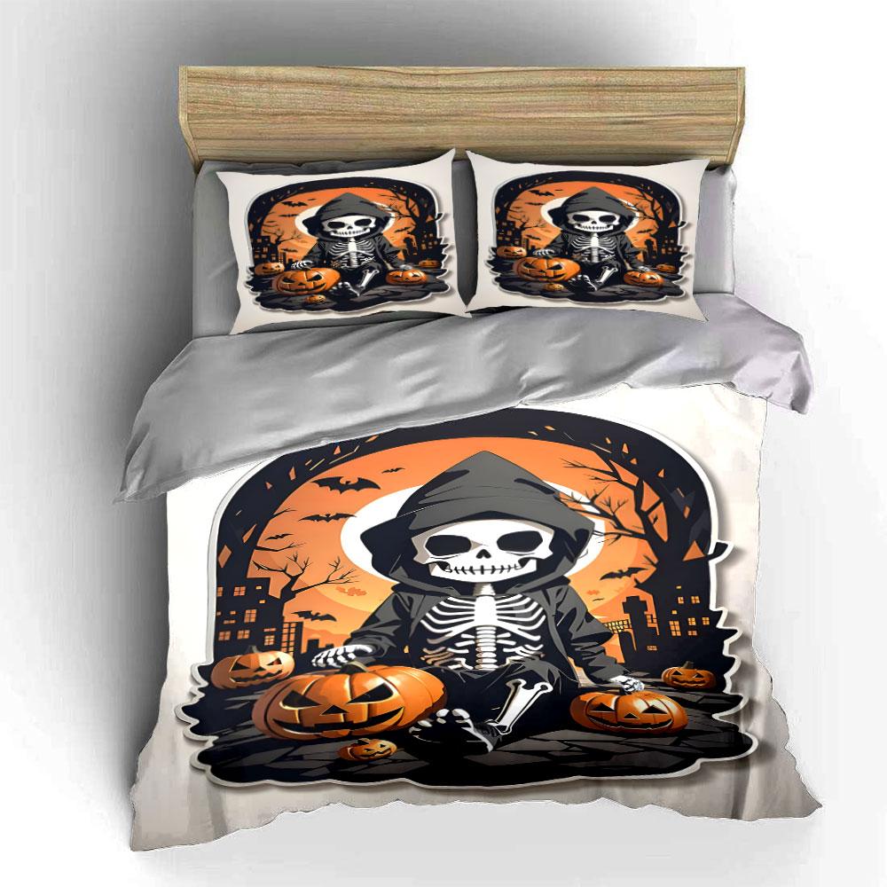 Halloween Skeleton Pumpkin Scene Bedding Duvet Cover Set Duvet Cover Pillowcases (1*Duvet Cover 2*Pillowcases, without duvet insert)