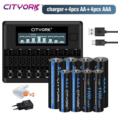 Cityork Batteria ricaricabile AA da 1,2 V + batterie ricaricabili NI-MH AAA da 1,2 V + 8 slot Caricabatteria USB AAA da 1,2 V AA