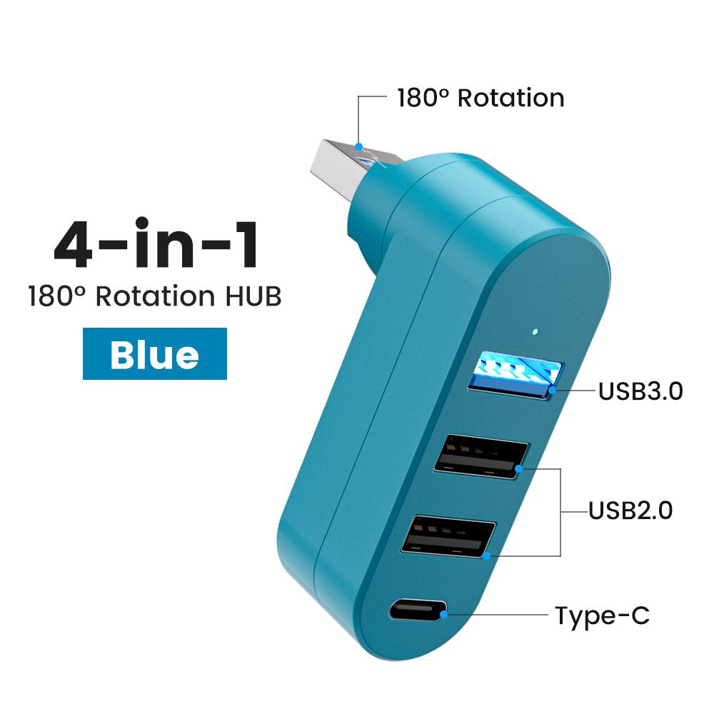 

4 In 1 USB 3.0 HUB 180 Degree Rotation Port Multi Type-C USB Splitter Hub Power Adapter Multiple Expander 2.0 USB 3.0 Hub For PC синий