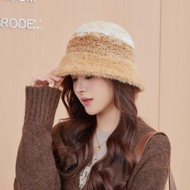 New warm ear protection bucket hat women's plush gradual change color matching basin hat autumn and winter wool knitted versatile bucket hat