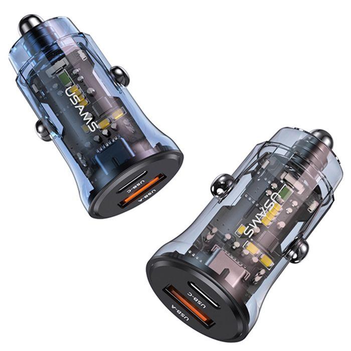 Chargeur De Voiture Type-C PD30W, USB 18W - Usams C32 Transparent A+C (US-CC164) - Noir