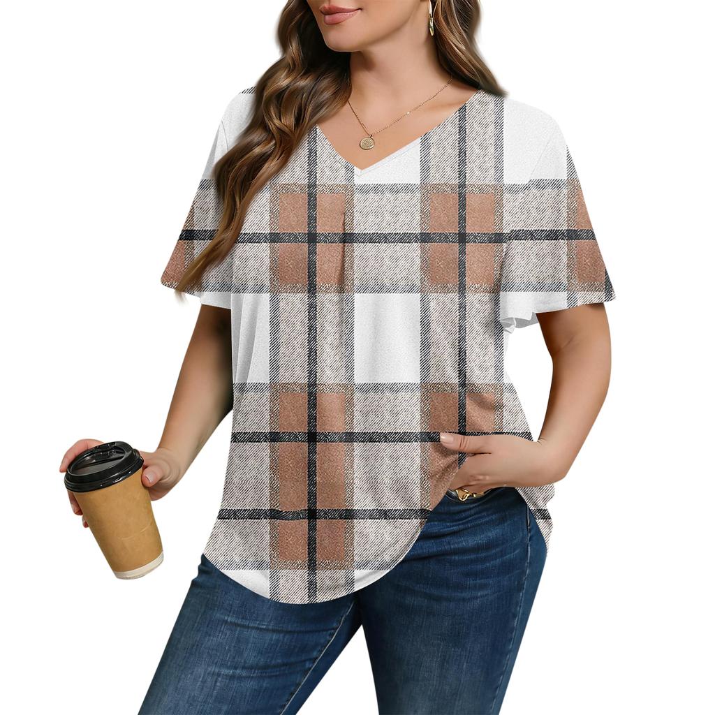 Women's Plus Size Fashionable Casual Loose-Fit Short Sleeve Elegant V Neck Blouse For Work