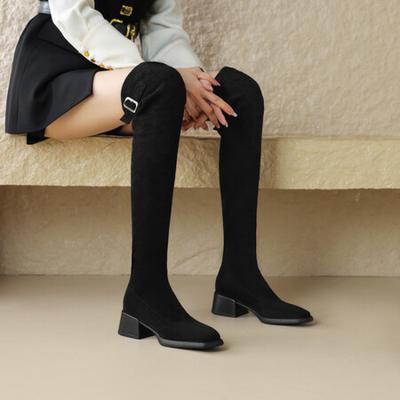 Autumn and Winter Suede Over-knee Boots Women's Mid-heel Sleeve Martin Boots Comfortable Round Head Square Heel Women's Boots Korean Version Large S