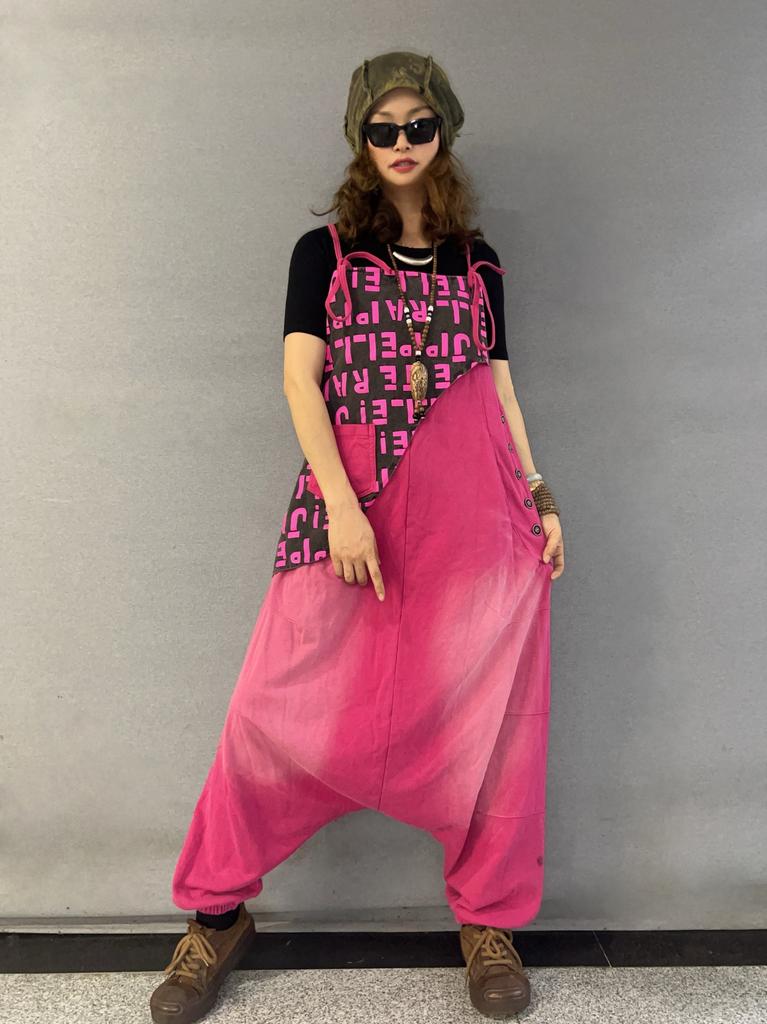 Retro personality old letter splicing overalls women's summer new large size fat sister jumpsuit tide