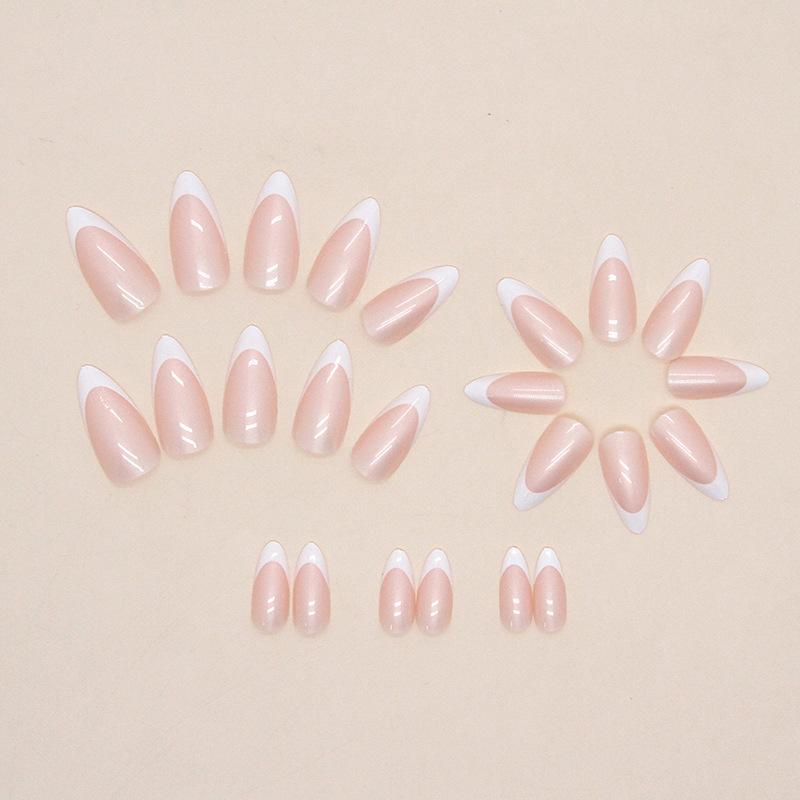 24 Pcs Simple and Pure Aurora French Manicure, Sweet and Gentle Round Head Almond Nail, European and American Foreign Trade Models, Wearing Nail Pads