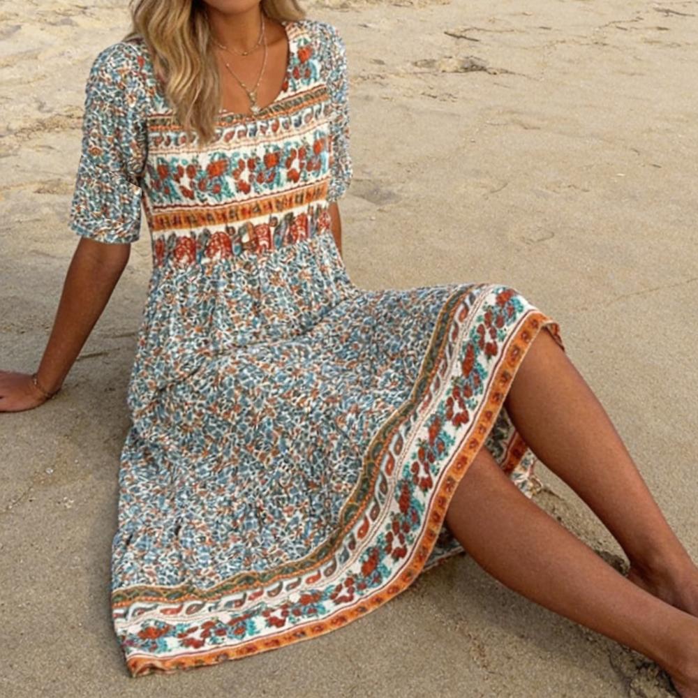 Women Bohemian Print Half Sleeve Flowy Midi Dress Elegant Outdoor Daily Wear