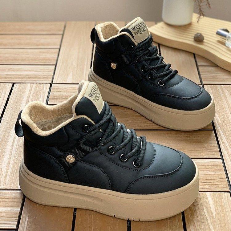 Women's High-Top Leather Sneakers: 2025 Autumn/Winter Thick-Soled Plus Velvet Warm Casual Shoes