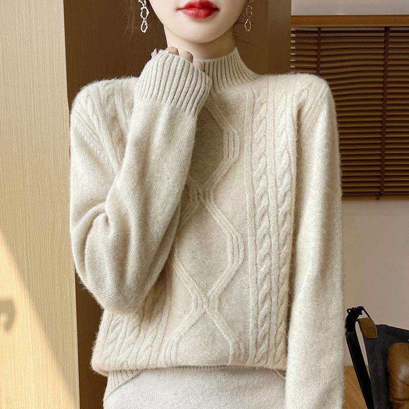 Women's Winter Thick Pure Wool Sweater - Half-Turtleneck High Neck Pullover, H-Silhouette Regular Fit with Flared Hem, Medium Stretch Long Sleeve