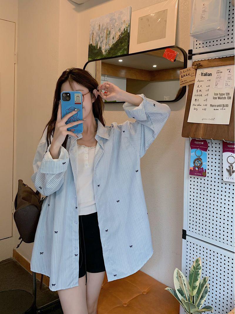 

Women s Blue Striped Bow Print Long Sleeve Shirt - Korean Spring/Autumn Style Medium
