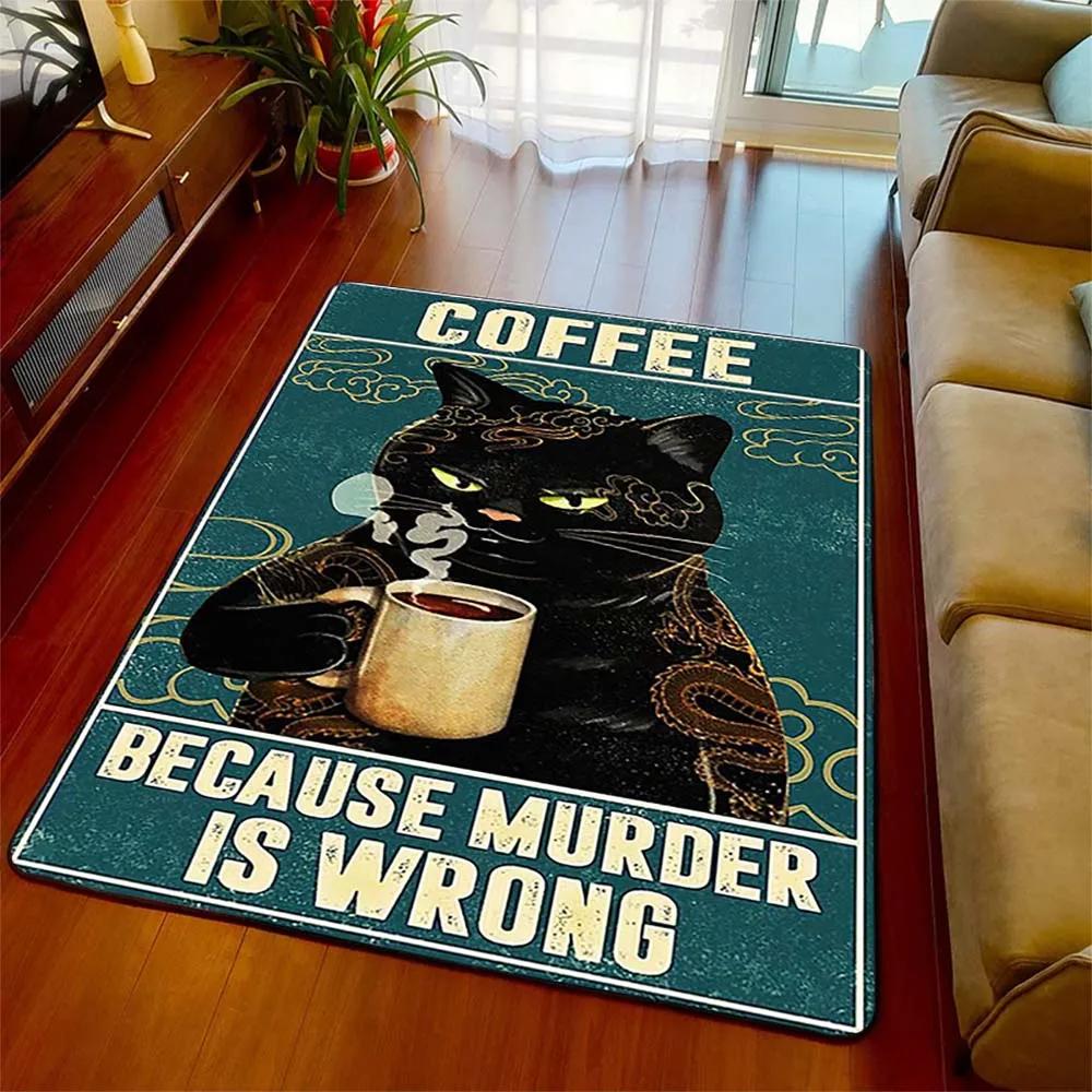 Schwarze Katze Retro Bereichsteppich Teppich Wohnzimmer Heimdeko Sofa Teppich Rutschfest Stuhlkissen Lounge Matte Halloween Hexen Dekoration