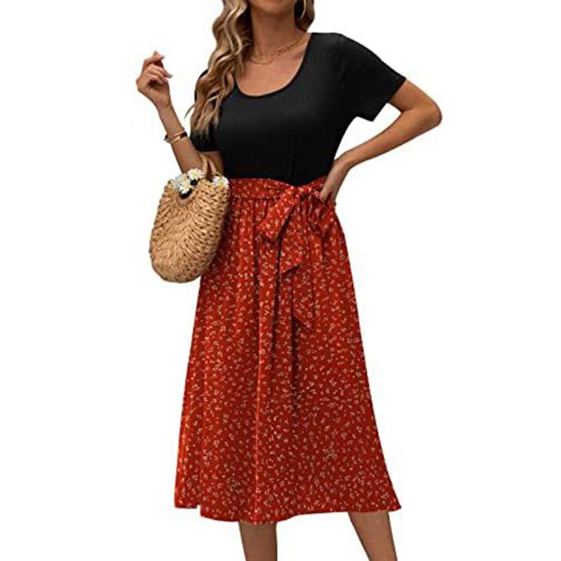 Summer Women's Dress Round Neck Splicing Lace-up Print Short-sleeved Casual Dresses