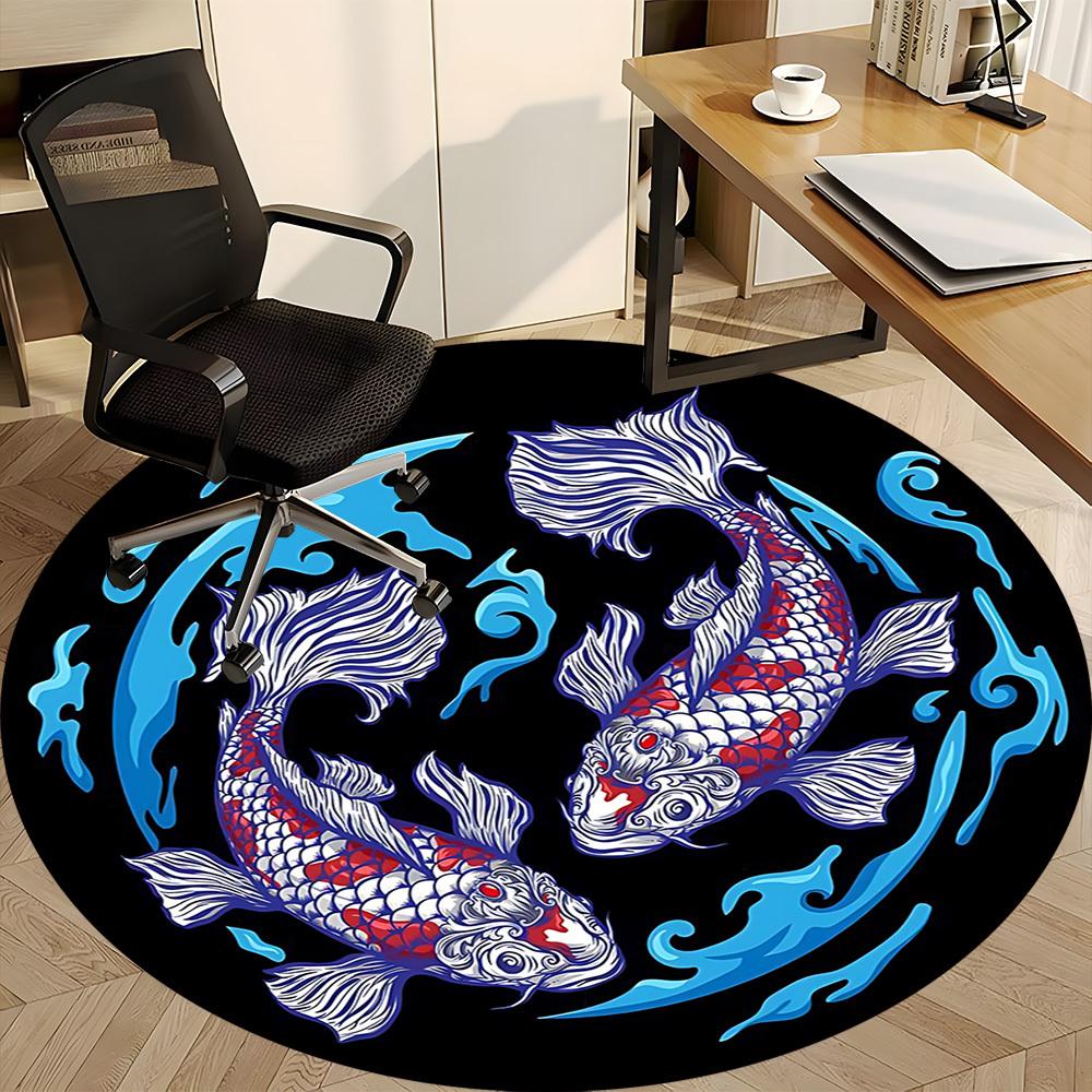1pc Koi Fish Design Chair Carpet for Office, Round Non Slip Durable Large Size Office Carpet, Suitable for Office