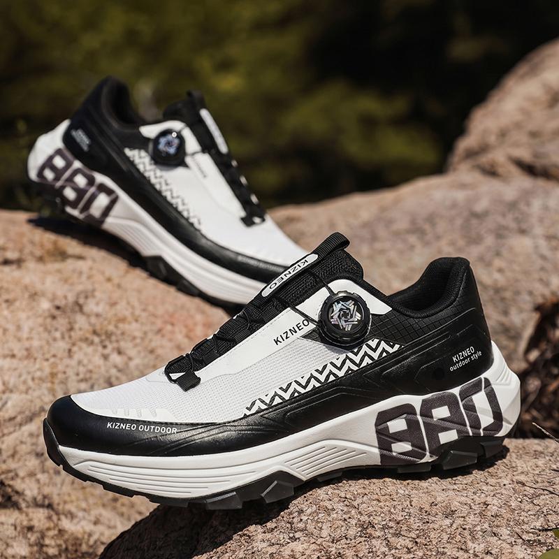 Men Rotary Buckle Hiking Sneakers Breathable Mesh Anti Slip Lug Sole Shock Absorb Outdoor Trekking Sports Shoes