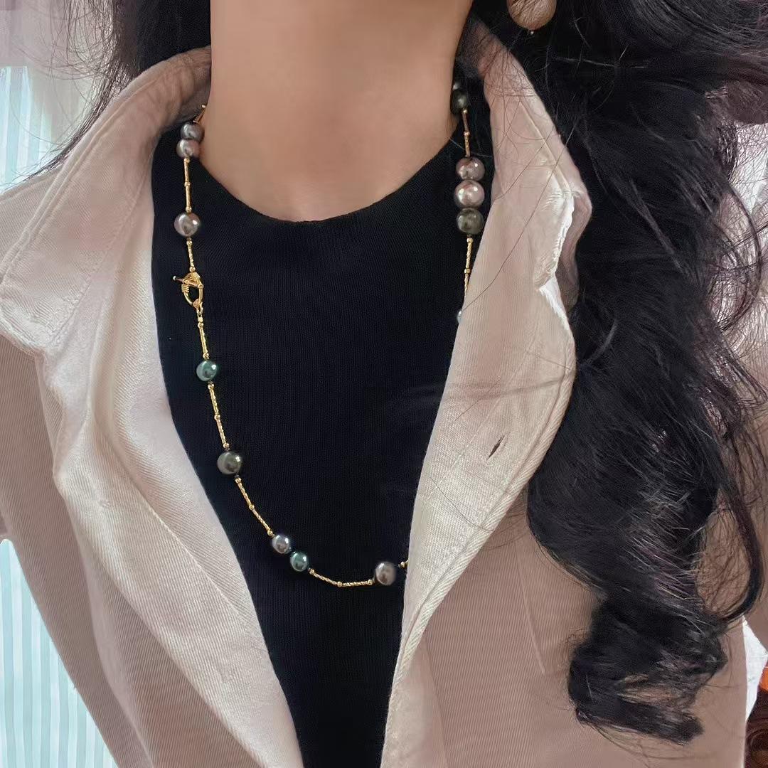 Vintage High Quality High-Gloss Faux Tahitian Pearl Design Sweater Chain Collarbone Chain