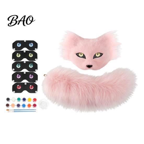 Realistic Fox Masque with Tail DIY Therian Kit, Plush Furry Fox/Cat Animals Multi Colored Eye Lenses Mesh, for Christmas Halloween Masquerade Cosplay