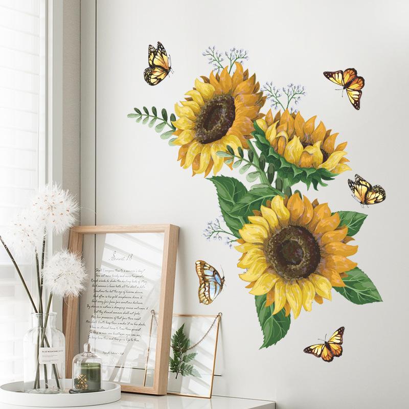 Sunny Sunflower, Butterfly and Floral Wall Stickers Vibrant Nature Self-Adhesive Wall Art for Bedroom and Hallway Decor