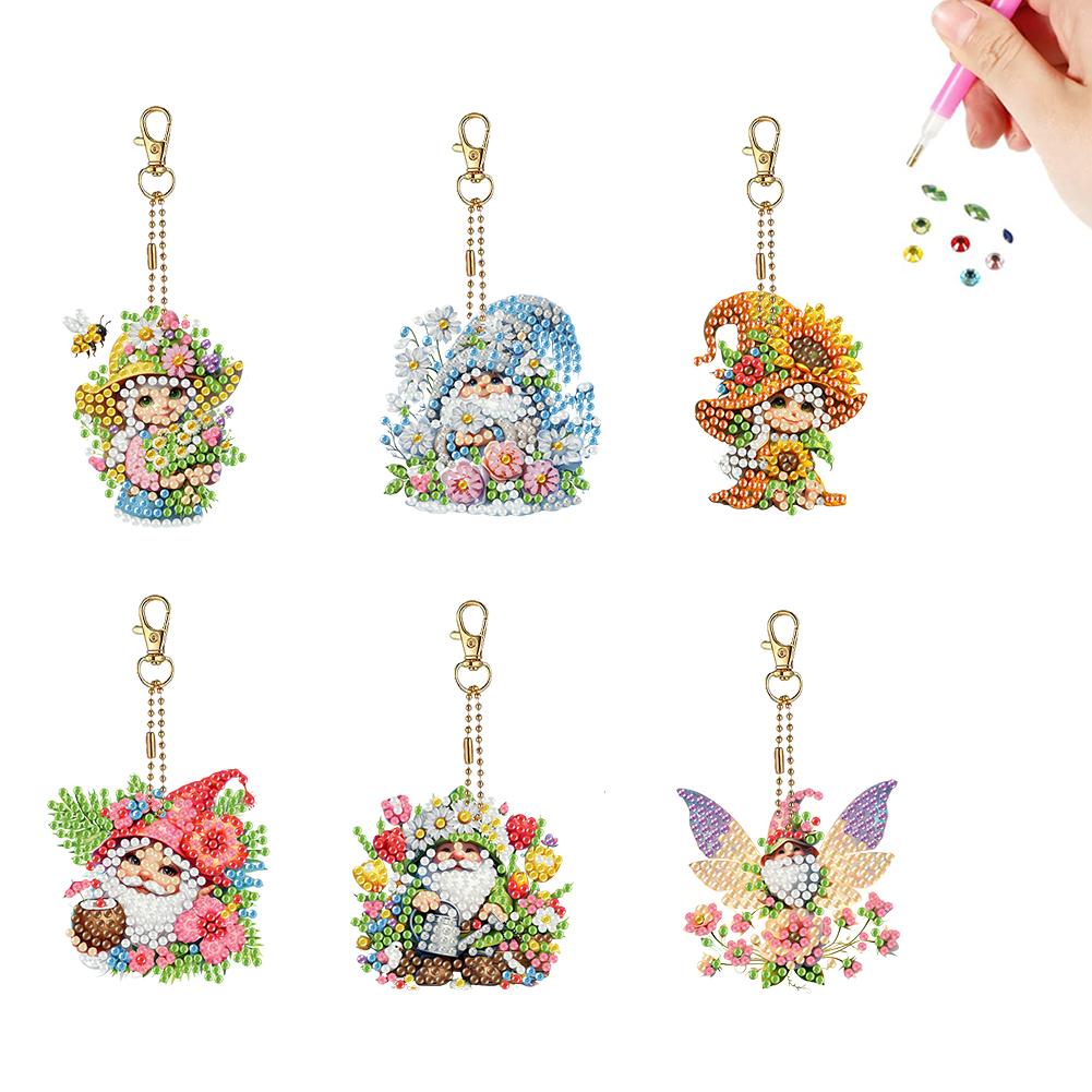 

6PCS 2D Flat DIY Diamond Painting Keychain Double Sided Drill Small Crystal Painting Keyrings Diamond Art Kits Gift for Friends