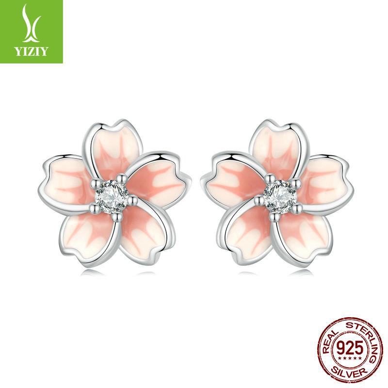 Pink Gradual Change Cherry Blossom Stud Earrings, Romantic Flower S925 Sterling Silver Exquisite Earrings Birthday Gift