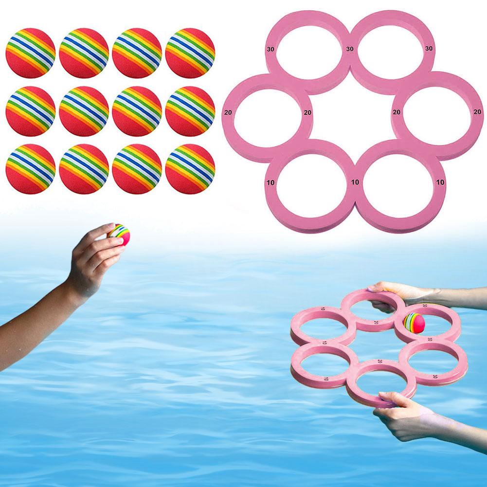 Funny Pool Floating Throwing Games With 12 Rainbow Balls Floating Toy Ring Floating Pool Game Toy For Summer Pool Party Beach