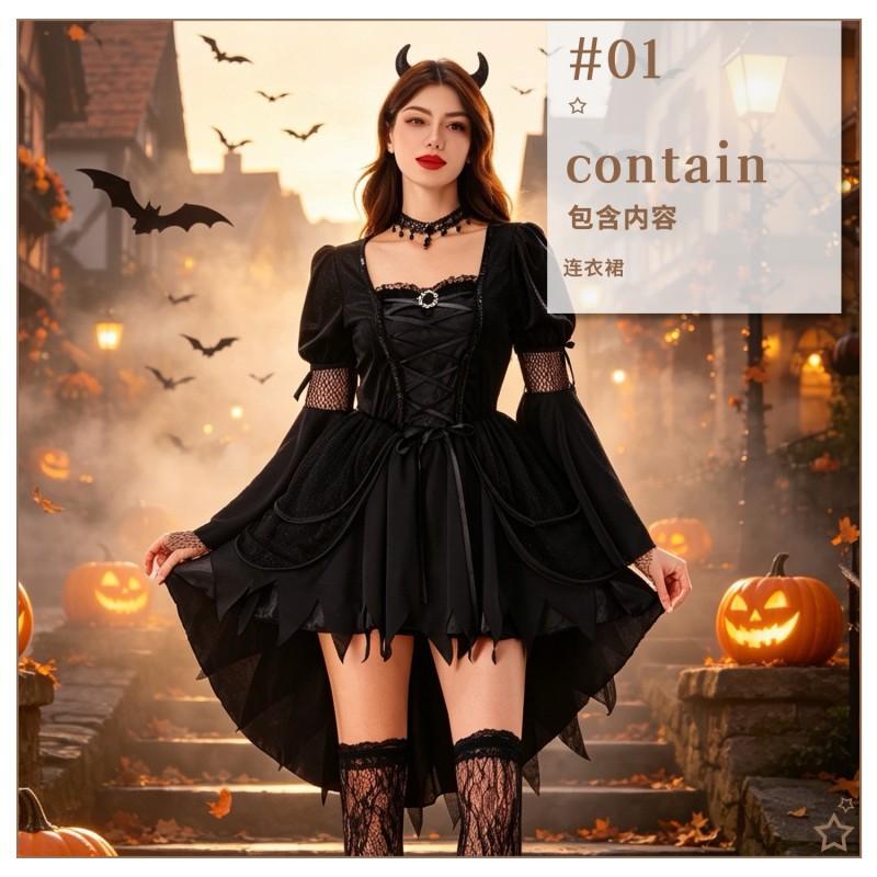 Gothic Witch Costume Women Halloween Party Dress With Hat Accessories Stage Performance Outfit