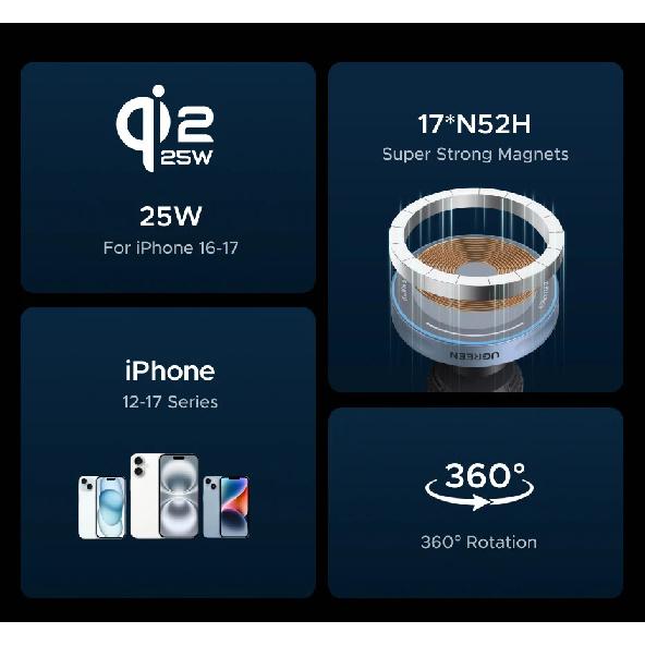 UGREEN Qi2 25W 15W Magnetic Car Phone Holder Wireless Charger Stand For iPhone 17 16 15 Pro Max Charging for Magsafe Car Charger