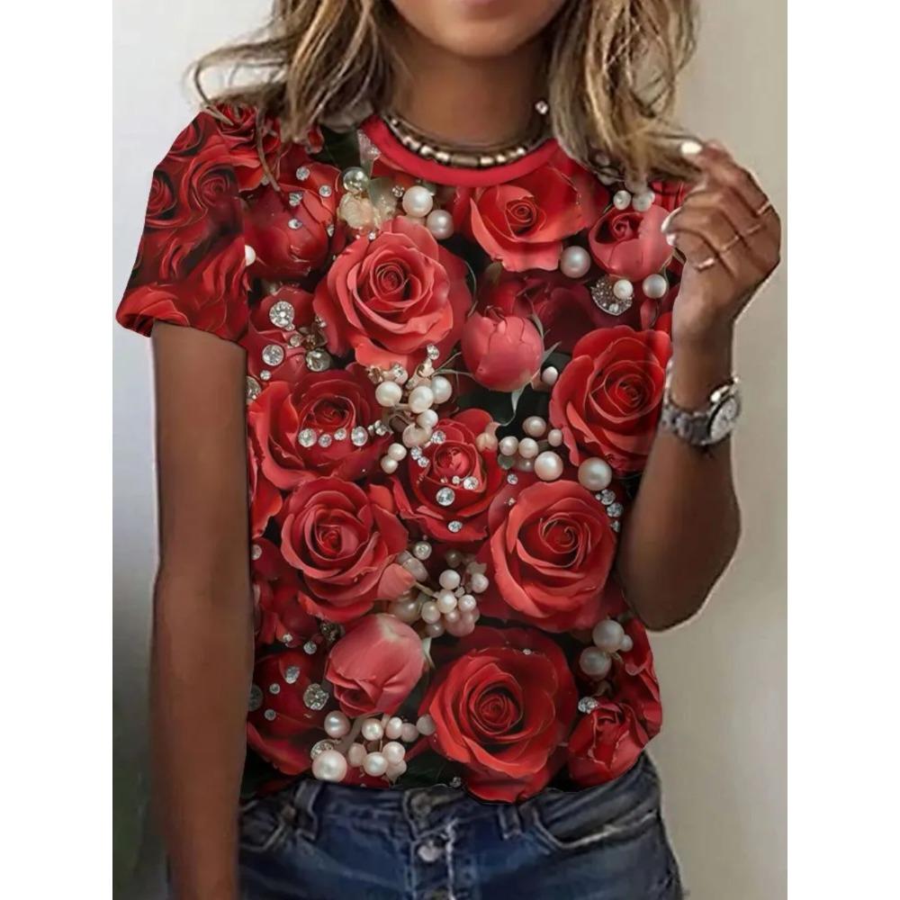 Ladies Summer Colorful Dazzling Flowers Printed Large Loose Casual T-shirt Fashionable Comfortable Soft Breathable Short Sleeved T-shirt