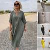 Women Dress V Neck Button Decor Long Sleeve Loose Solid Color Plus Size Mid-calf Length Simple Style Commute Daily Wear Midi Dress