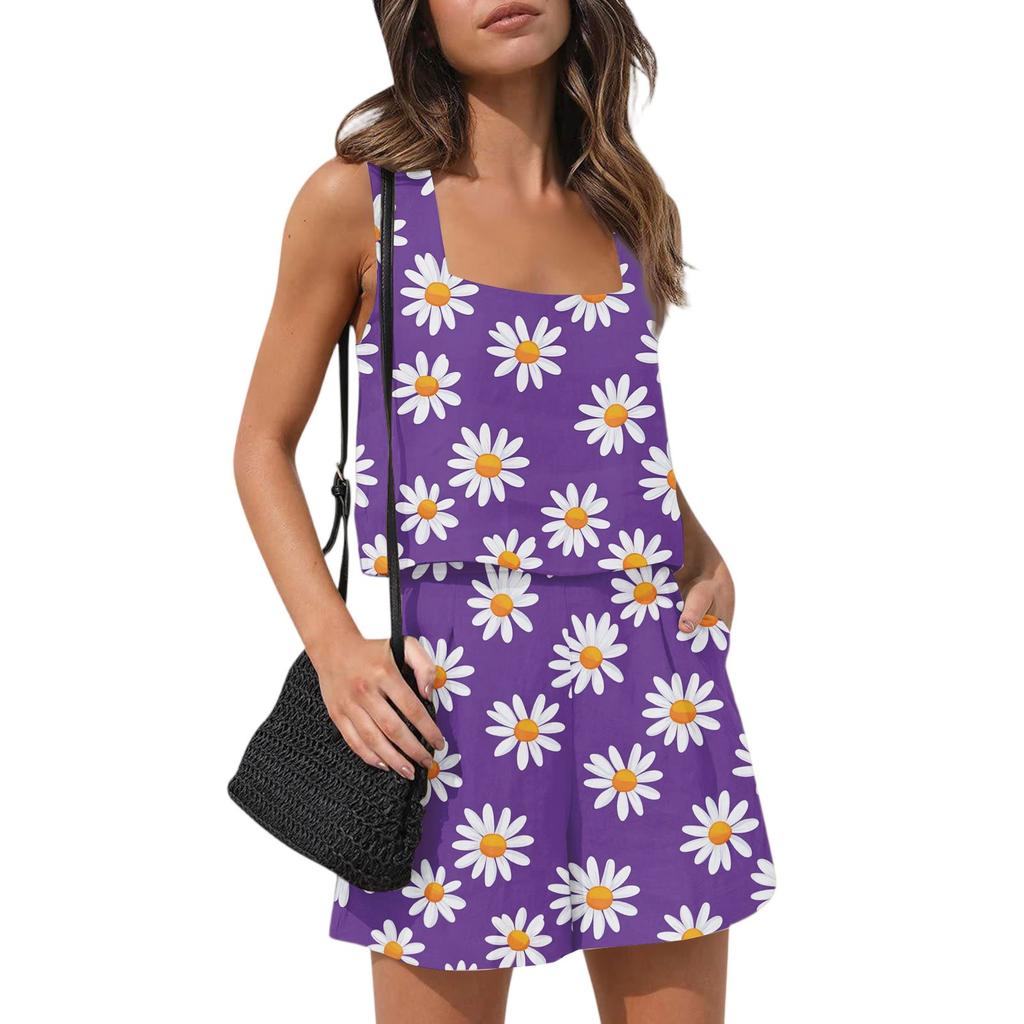 Women's Summer Two Piece Outfit Floral Print Sleeveless Square Neck Cropped Top High Waist Shorts Set Bodysuit With Pockets