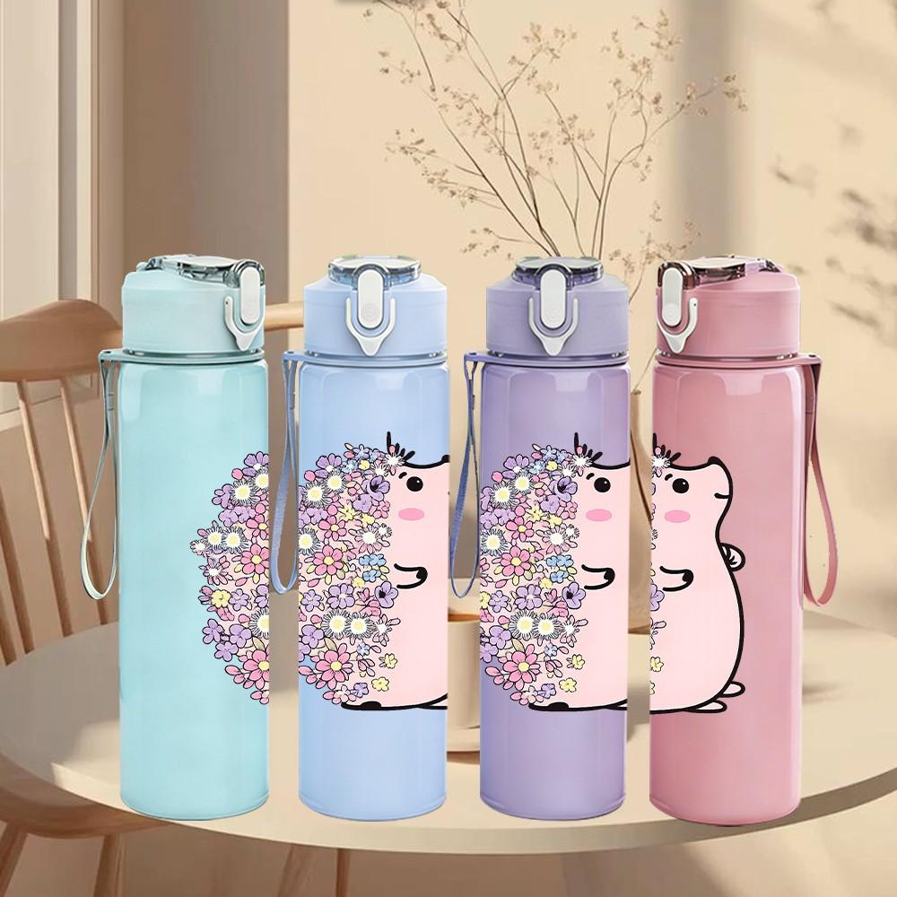 1PC Pink Guinea Pig Cute Cartoon Print 750ml Color Plastic Sports Water Bottle Leakproof Flip Straw Lid Suitable for Sports Office Home Use