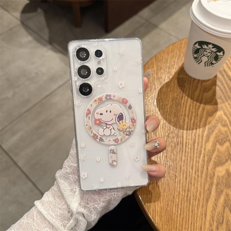 

Cartoon Cute Snoopy peanut Magsafe Wireless Charge Case For Samsung S21 S22 S23 S24 S25 Ultra Plus Note 10 Snoopy Magnetic Stand S23 FE