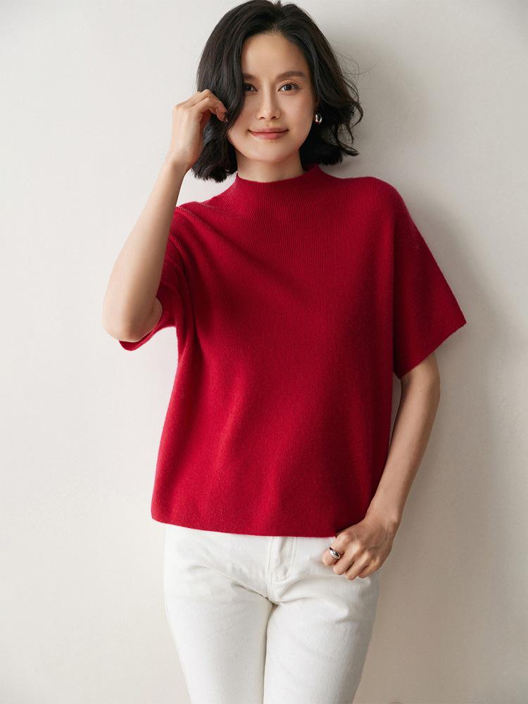Women's Casual Half-High Collar Knit Cashmere Sweater Vest - Simple, Versatile, Comfortable Pullover, Short Sleeve