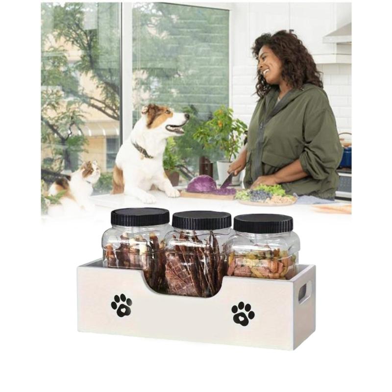 Multipurpose Wooden Pet Pantries Storage Solution With 3 Label Ready Containers Food Organizers For Treat Categorization