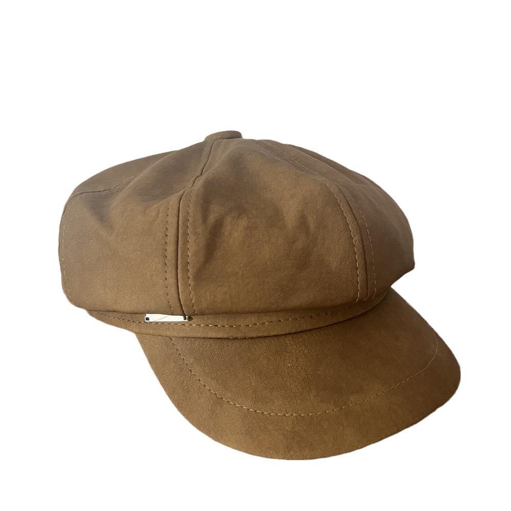 Hut Damen Herbst und Winter PU Leder Achteckhut Trendy Neu Vielseitige Malermütze Retro Mode Baskenmütze
