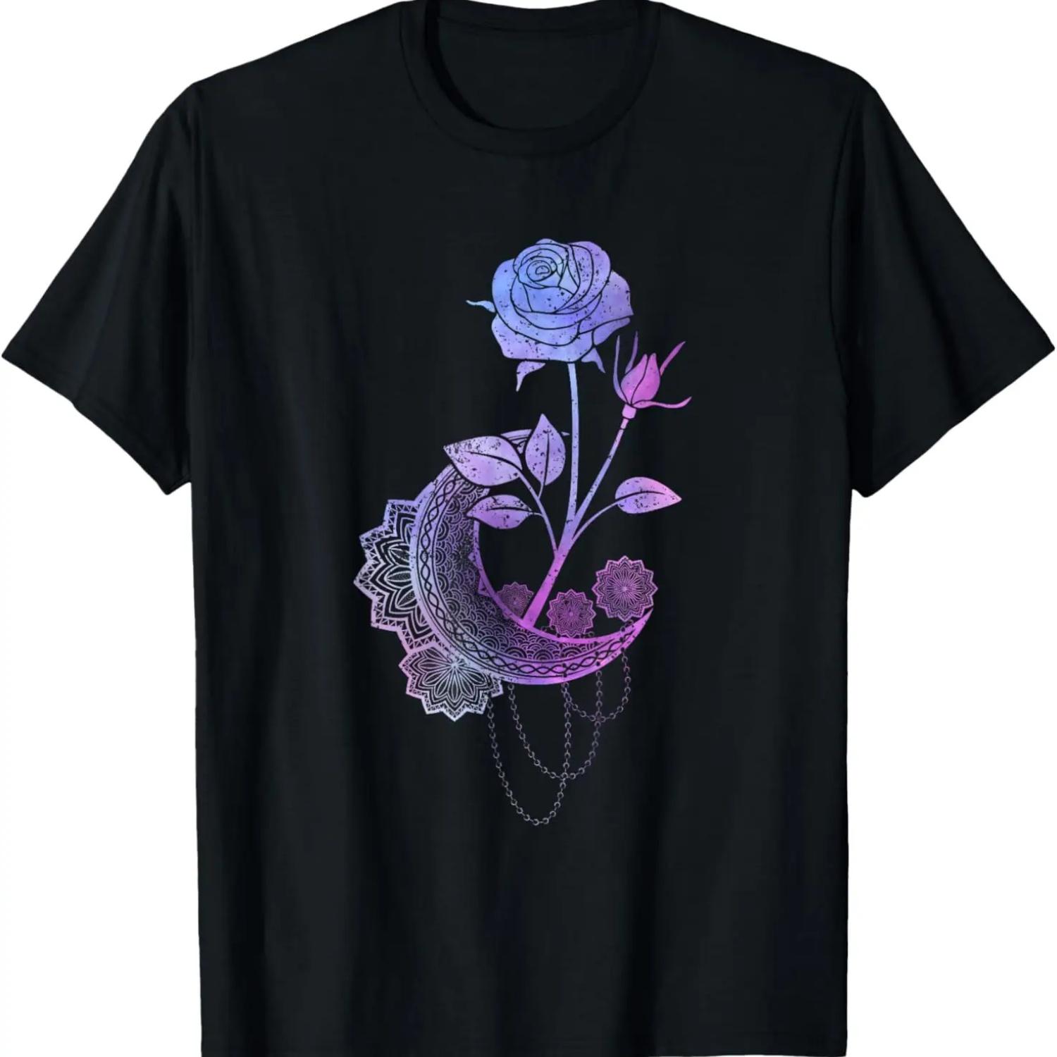 Rose Crescent Moon Floral Mystical Gothic Sacred Occult T-Shirt S чёрный