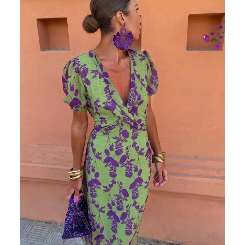 

Летнее женское модное плиссированное элегантное облегающее платье с V-образным вырезом и короткими рукавами S зелёный