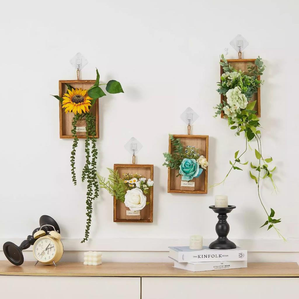 Retro Wall Decoration Pendant Wall Mounted Wooden Flower Box Simulated Flower Pendant Wall Accents Decoration Crafts