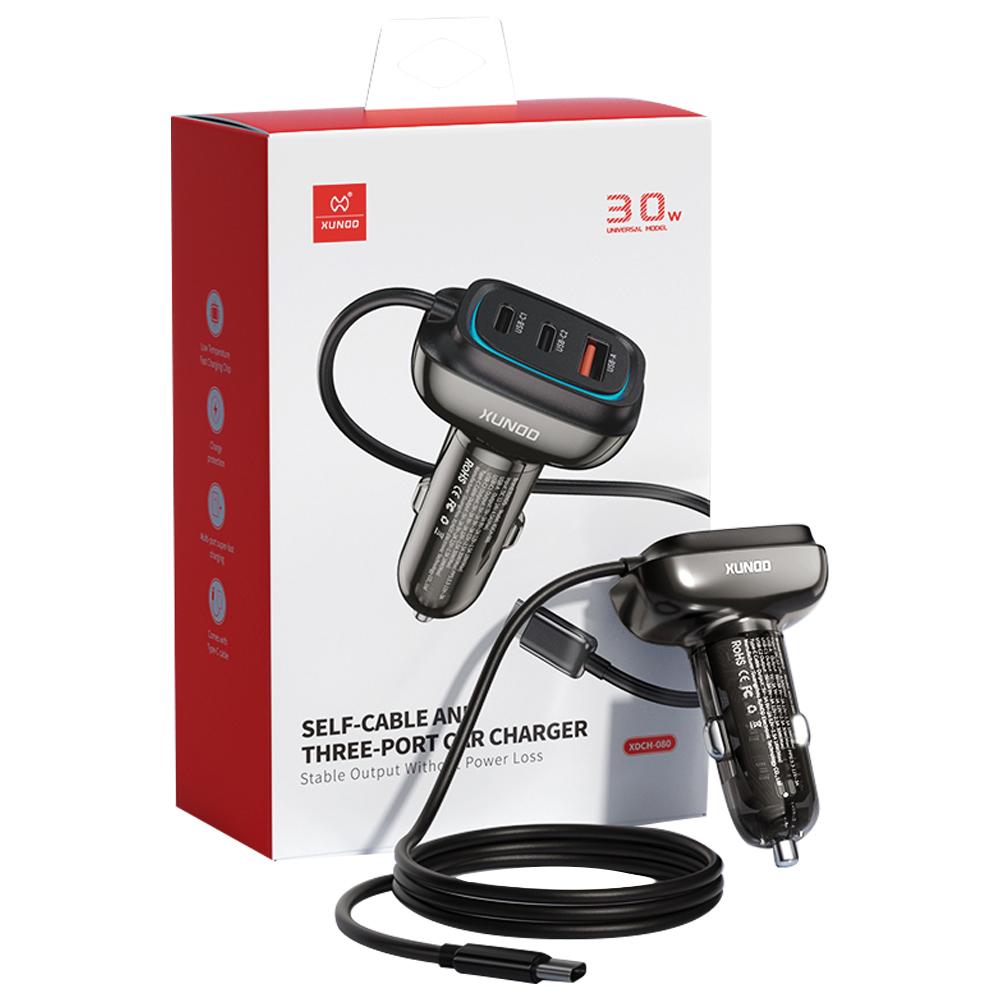 

XUNDD XDCH-080 30W 3-Port Car Charger Adapter (2 USB-C + USB-A) Cigarette Lighter with Cable