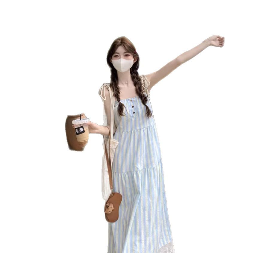 Women's Seaside Striped Camisole Dress - French Style Summer 2026, Loose Fit, Petite Long Dress